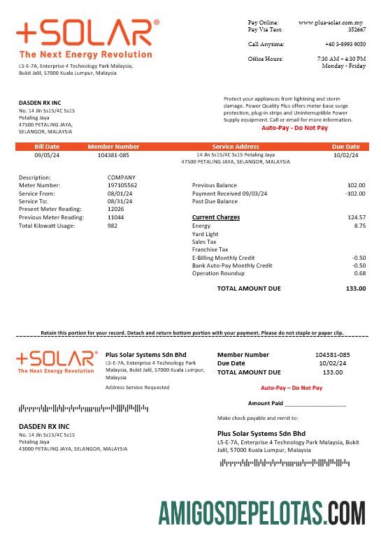 em branco Malaysia Plus Solar Systems Sdn Bhd Modelo de conta de serviços públicos em formatos Word e PDF
